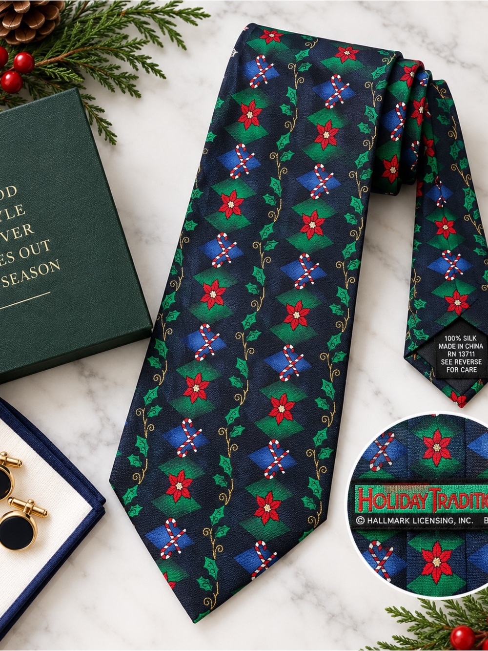 Vintage Hallmark Holiday Traditions Christmas Silk Tie – Poinsettia Candy Cane